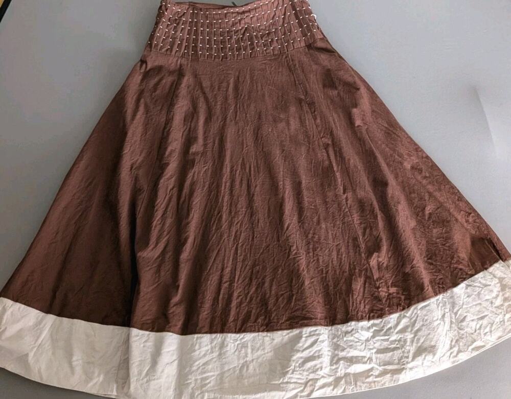Anthropologie Linen Blend Midi Skirt Smocked Waist Embroidered Brown Boho